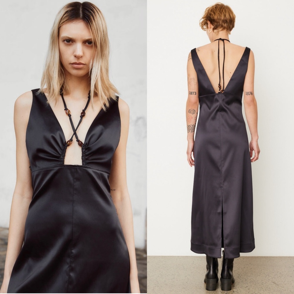 GANNI Satin Beaded Crisscross Halter Tie V-Neck Empire Waist Sleeveless Dress‎ S - Picture 4 of 14